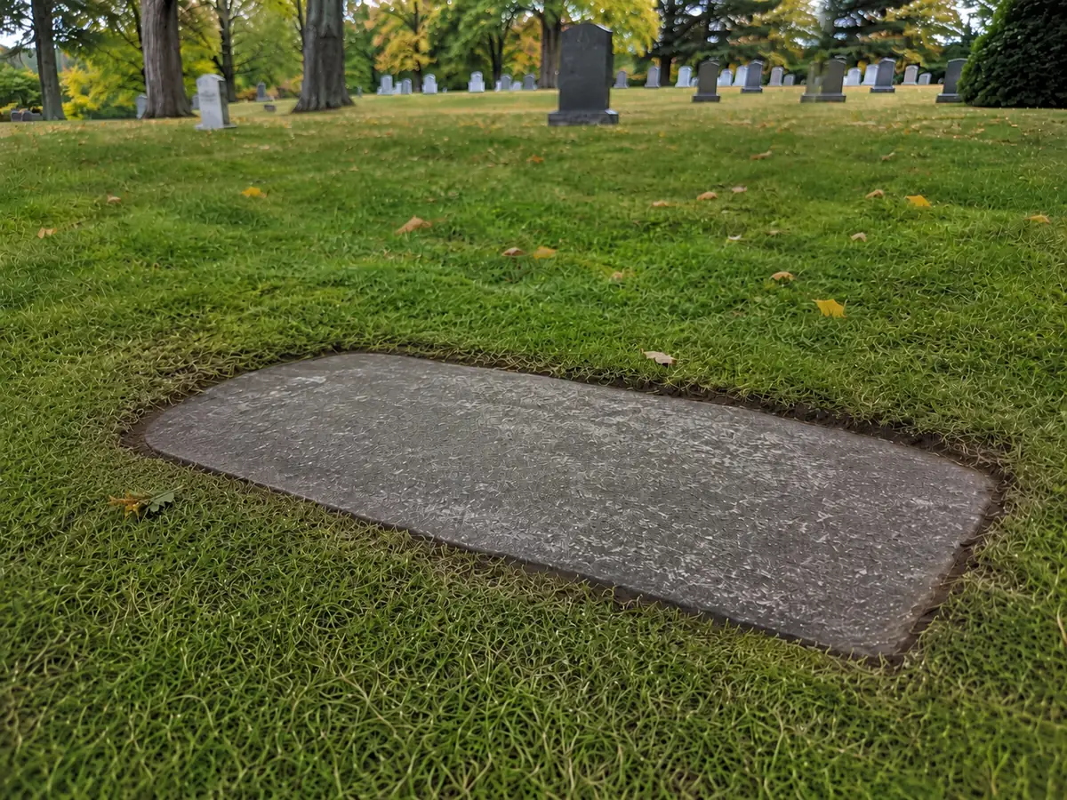 A flat memorial marker cleaned and set flush in green grass after careful gravesite care.