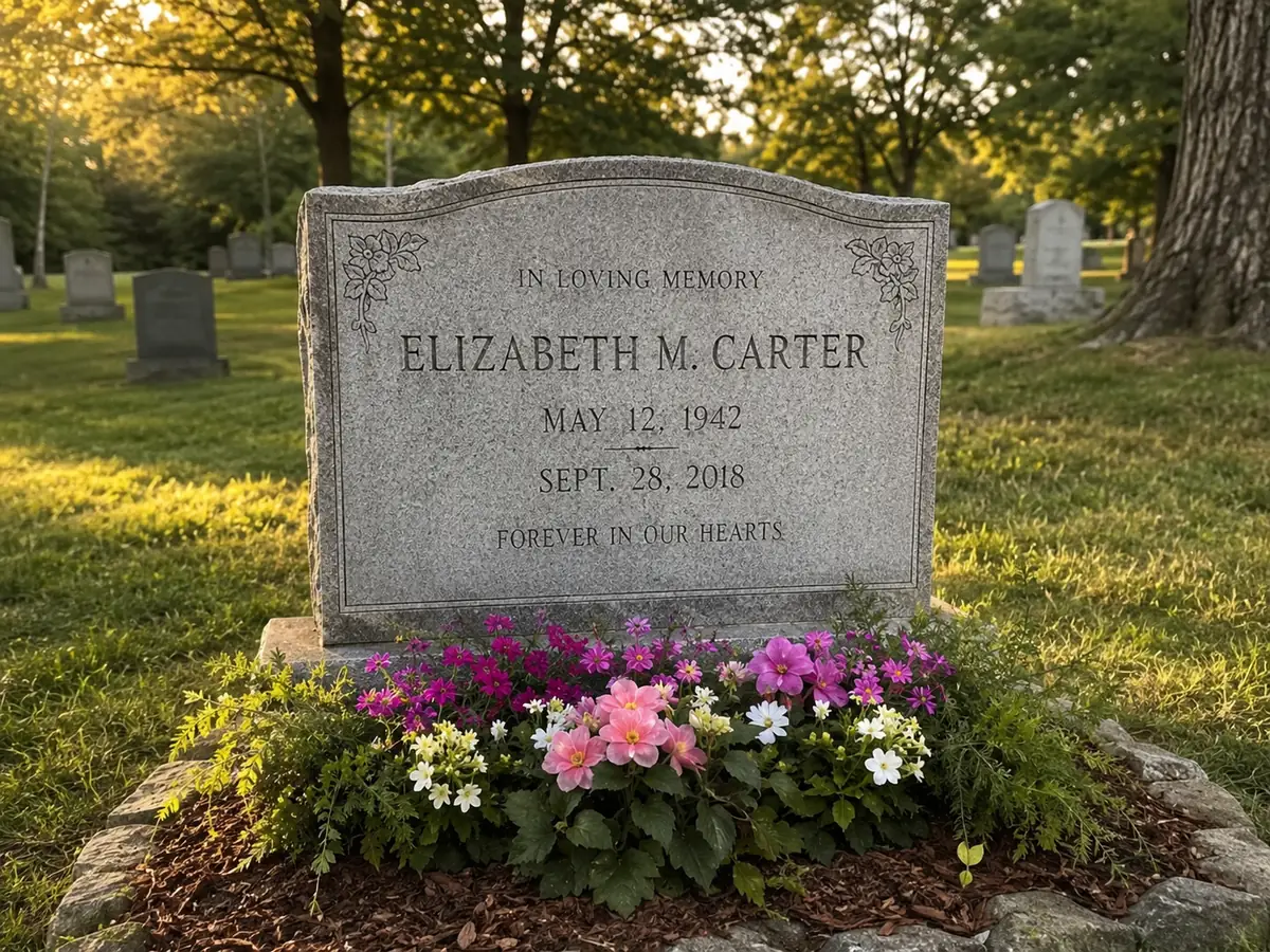 A beautifully maintained headstone with clear inscription and decorative details, set in vibrant seasonal plantings of pink and white flowers—the kind of photo we share after each visit.