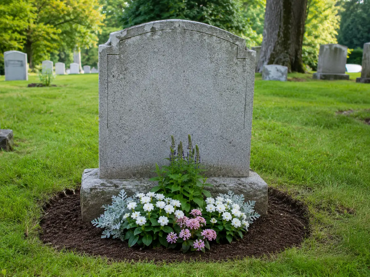 A headstone with a lush seasonal planting of white and pink flowers in a freshly mulched bed.