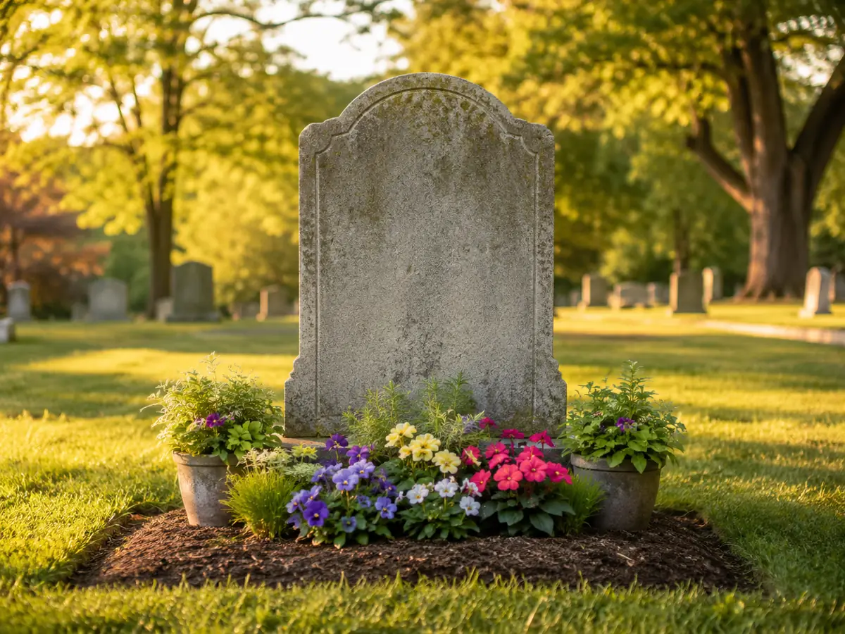 A weathered headstone at golden hour flanked by potted plants and a colorful bed of pansies and petunias.